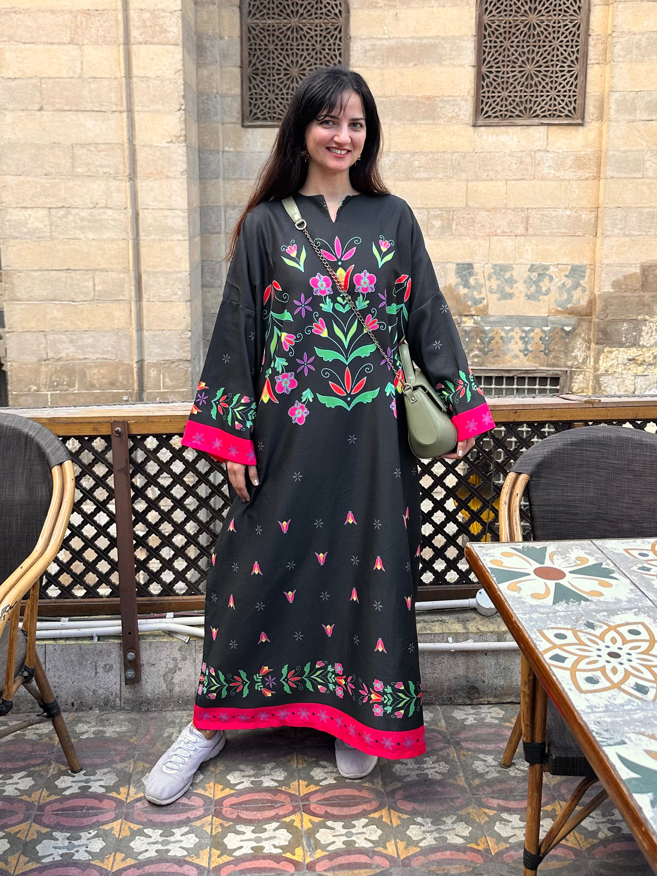 Black Floral Linen Kaftan - SW